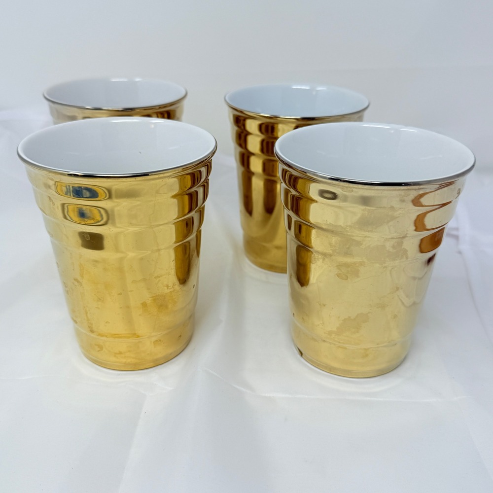 BLKSMITH Ceramic‎ Gold Tumbler Cups Set of 4 Metallic Ribbed Party Drinkware
